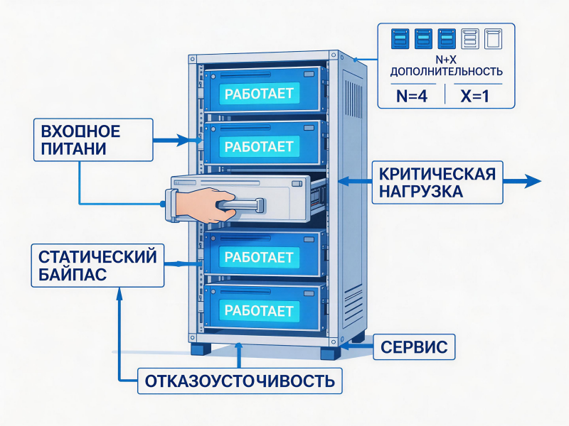 Архитектура модульного ИБП Mars PLUS: параллельное соединение, N+X резервирование, горячая замена модулей.