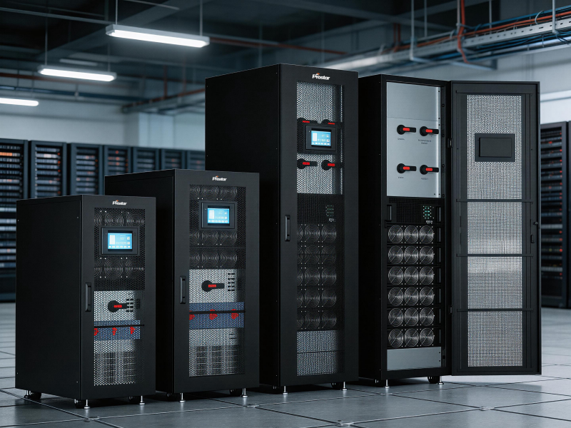 Модульный ИБП Prostar Mars PLUS в стойке современного ЦОД, передняя панель с сенсорным экраном.