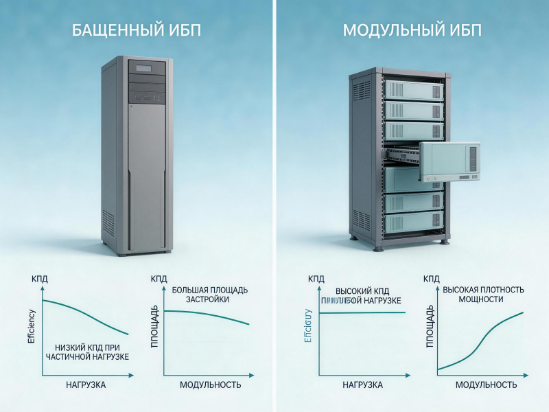 Сравнение эффективности и плотности мощности: традиционный ИБП vs модульный Mars PLUS.