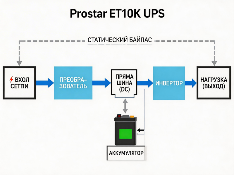 Схема двойного преобразования ИБП Prostar ET10K: AC→DC→AC с нулевым временем переключения.