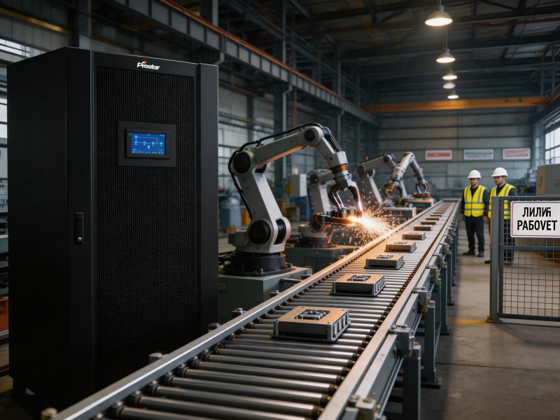 Промышленный ИБП Prostar, установленный рядом с автоматизированной линией и роботами.