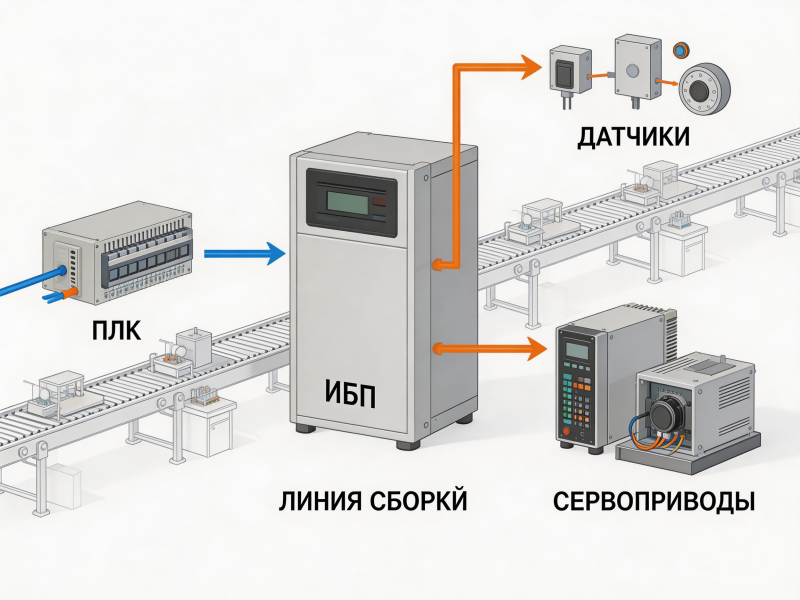Схема защиты автоматизированной линии с ИБП Prostar: питание PLC, датчиков и сервоприводов.