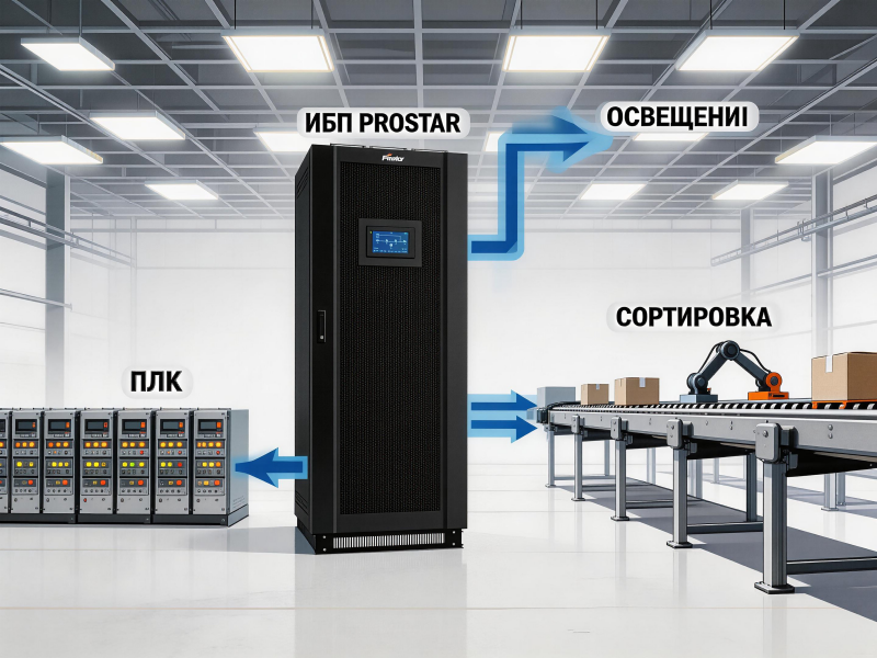 Схема питания логистического центра от ИБП Prostar: сортировочные машины, системы управления, освещение.