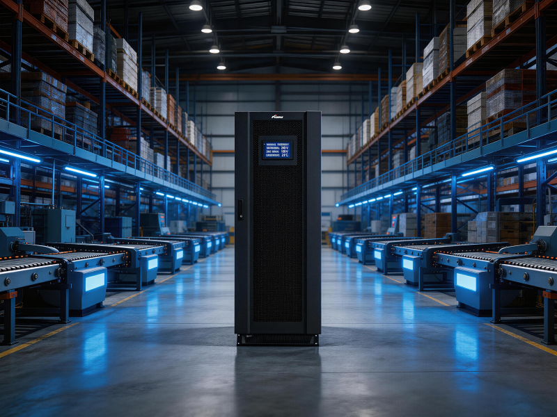 Промышленный ИБП Prostar, установленный в крупном логистическом центре, рядом с сортировочной линией.