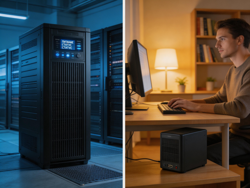 Примеры применения онлайн ИБП в серверной и офлайн ИБП для бытовой техники.