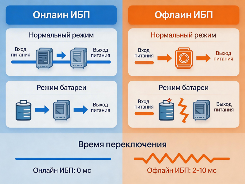 Сравнение онлайн и офлайн ИБП: принципиальные схемы и время переключения.