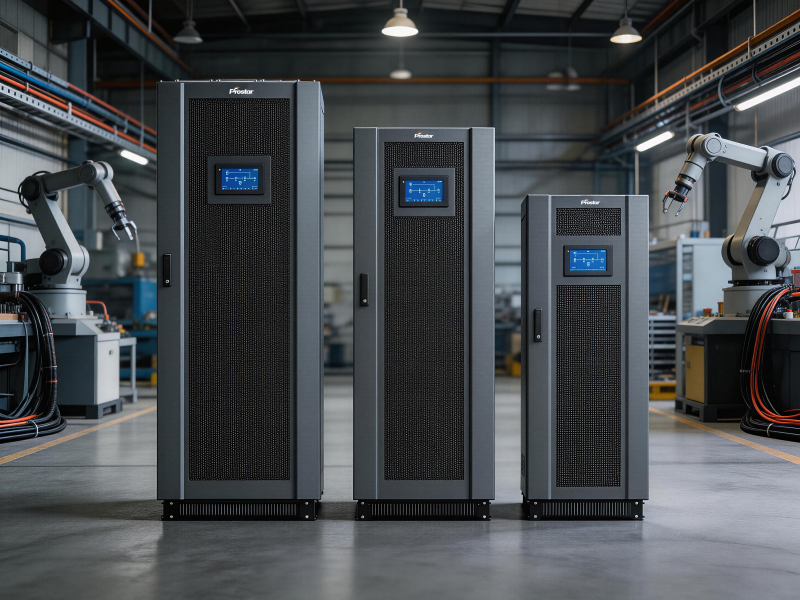 Промышленный ИБП Prostar серии ET, установленный в производственном цехе, вид спереди.