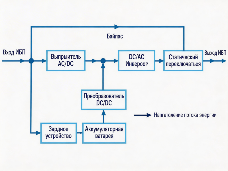 Схема работы промышленного ИБП с двойным преобразованием напряжения.