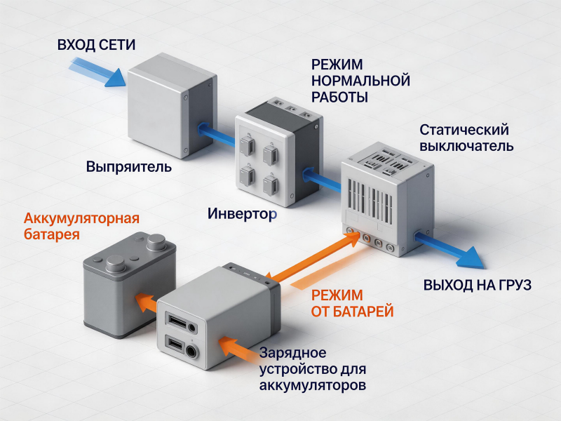 Сравнение типов промышленных ИБП: онлайн, линейно-интерактивный и резервный.
