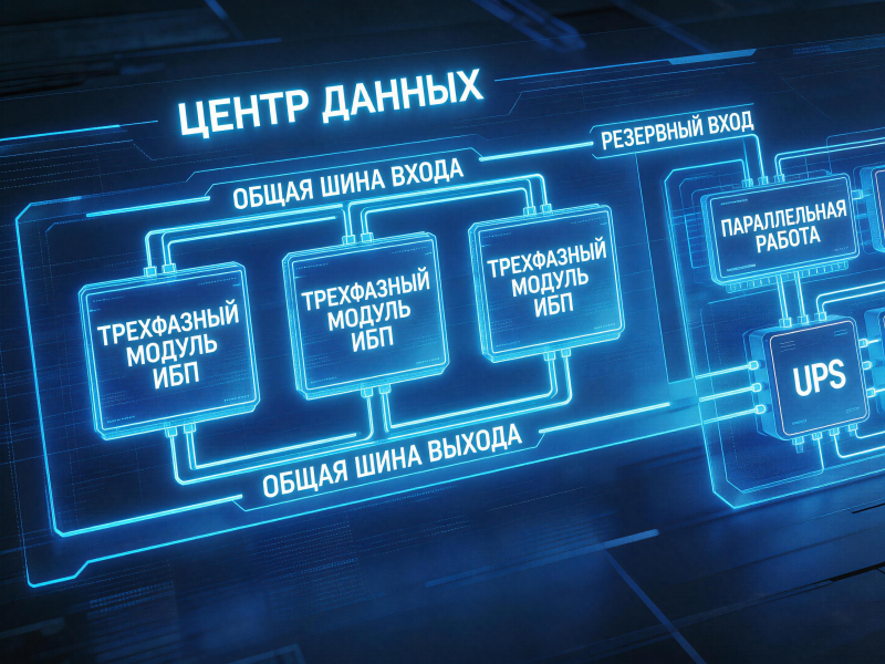 Внутренняя схема трехфазного ИБП с двойным преобразованием: выпрямитель, инвертор, байпас.