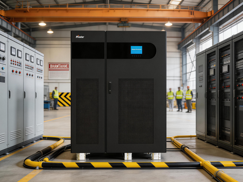 Промышленный трехфазный ИБП Prostar в заводском цехе, вид спереди.