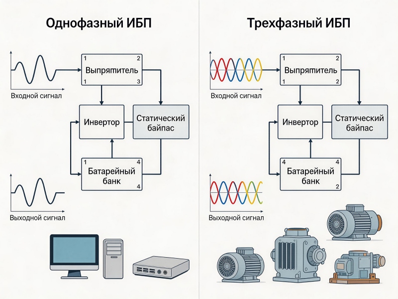 Сравнение однофазного и трехфазного ИБП: схемы подключения и области применения.