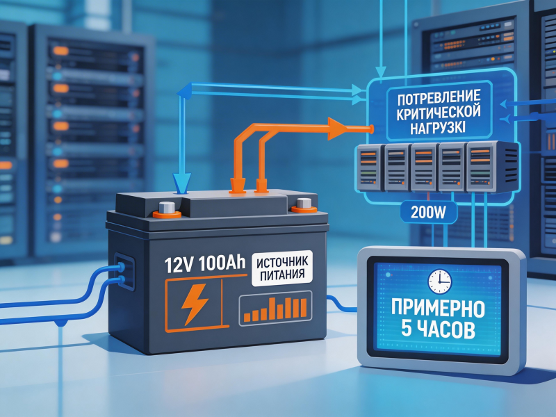 Пример расчёта: ИБП с батареей 12В 100А·ч, нагрузка 200Вт, время ≈ 5 часов