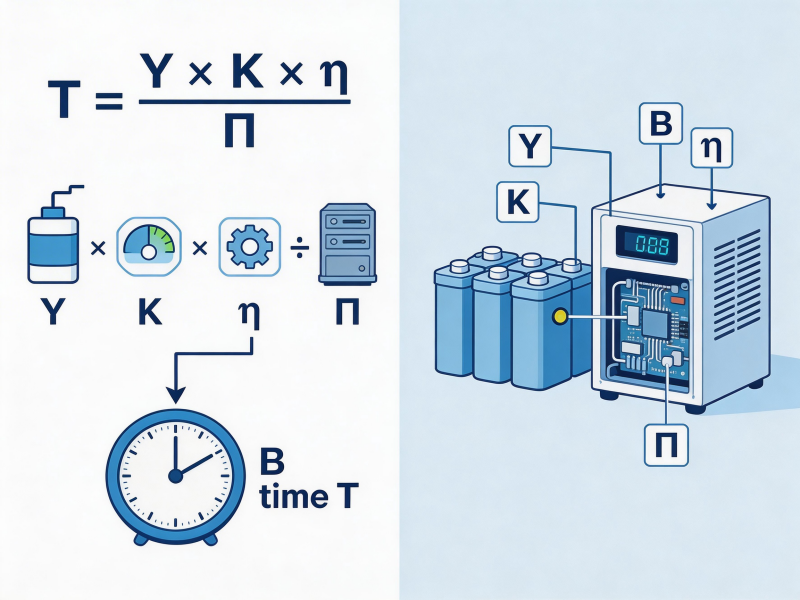 Формула расчёта времени работы ИБП от батарей: T = (Uакб × C × η) / Pнагр